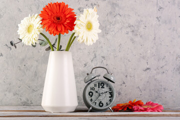 Alarm clock and vase with beautiful gerbera flowers on grey grunge background
