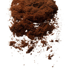 Coconut peel husk flying explosion, coconut chopped fine small S size fall down as dust. Coconut powder peel fertilizer splash throwing in Air. White background Isolated high speed shutter, freeze