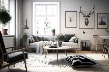 Modern scandinavian living room interior - 3d render Generative AI