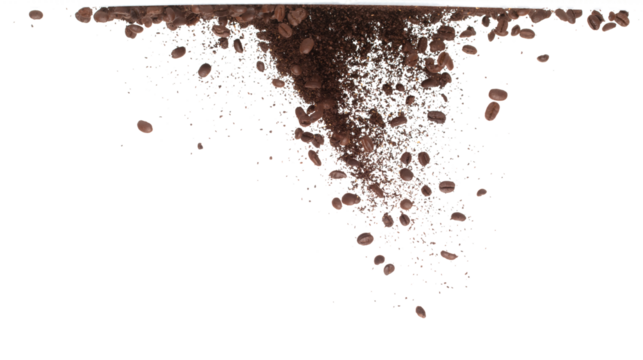 Coffee powder mix bean fly explosion, Coffee crushed mix seed float explode, abstract cloud fly. Coffee dust powder bean splash throwing in Air. White background Isolated high speed shutter, freeze