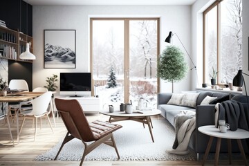Fototapeta premium Modern scandinavian living room interior - 3d render Generative AI