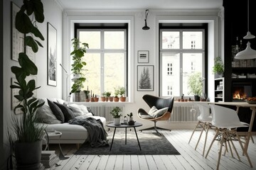 Fototapeta premium Modern scandinavian living room interior - 3d render Generative AI