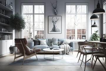 Modern scandinavian living room interior - 3d render Generative AI