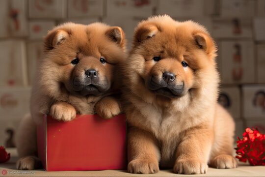 Two adorable Chow Chow puppies with a present box that says Love. Generative AI