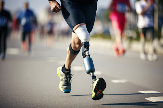 A person with a prosthetic leg running during a marathon. AI generated image.