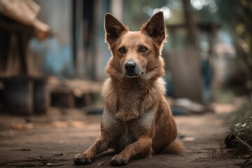 Thai dog in brown and white sitting on the ground. Generative AI