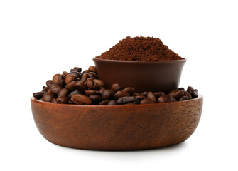 Bowls with coffee powder and beans isolated on white background