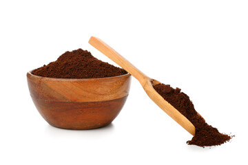 Wooden scoop and bowl with coffee powder isolated on white background