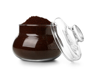 Jar with coffee powder isolated on white background