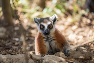 Fototapeta premium Lemur found only in Madagascar. Lemur with a red belly in a jungle. Lemur on the ground in detail. Primates rest in their natural environment. Generative AI