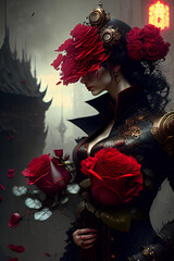 A Luxury Girl with Deep Red Rose Flower Bouquet
