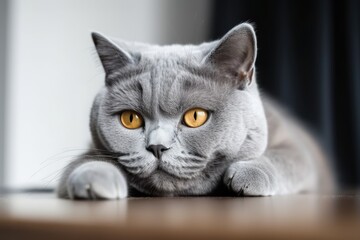 On a white table, a British Shorthair cat is curled up. Generative AI
