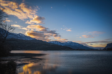 the sunrise on Lake Toblino in the province of Trento in Italy. January 2023