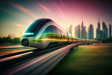 Fototapeta na wymiar Futuristic speed train, transport of future in eco style, created with Generative AI technology