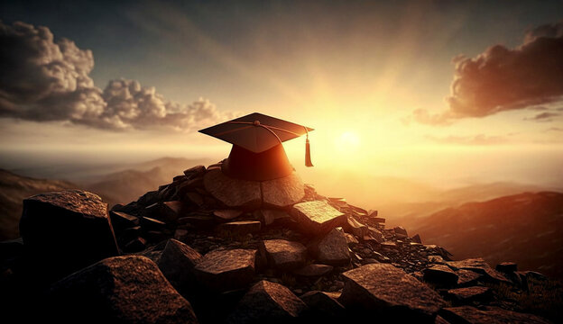 Graduation cap on top of the mountain. Sun rays above in the background.