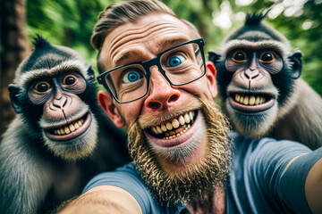 A man taking a selfie with smiling monkeys.Closeup front view.Created with generative ai