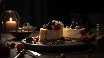 Delicious Cheesecake with Berries. Close-up. Generative AI.