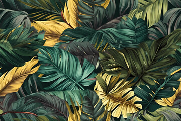Obraz na płótnie Canvas Gold, yellow and green tropical leaves seamless