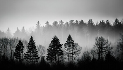 dark tree tops in heavy morning fog landscape, forest background, wallpaper, generative AI