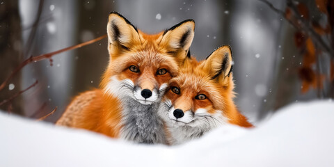 Fototapeta premium A Cute foxes on the snow during winter season. digital art