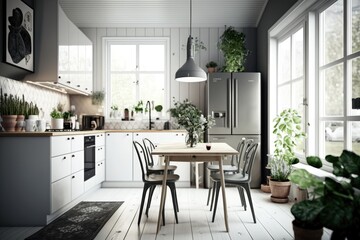 Modern Scandinavian kitchen and dining room Generative AI