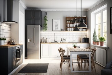 Modern Scandinavian kitchen and dining room Generative AI