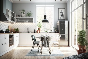 Modern Scandinavian kitchen and dining room Generative AI