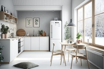 Obraz na płótnie Canvas Modern Scandinavian kitchen and dining room Generative AI