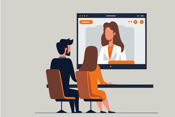 Online consultation. A couple of a man and a woman are sitting in front of a monitor screen. flat style