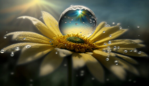 Rain droplet on the beautiful yellow, spring flower.