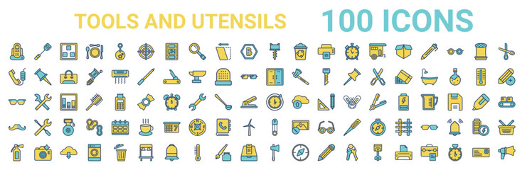 Obraz premium colorful set of tools and utensils line icons. colored glyph vector icons such as kitchen tools,phone auricular with cable,doors,reading glasses,time left,moustaches,perdible pin,hand axe. vector