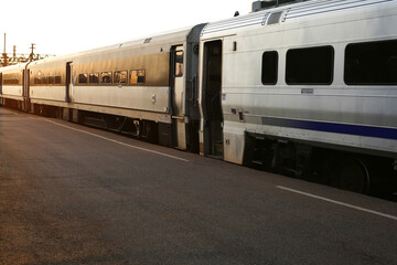 Naklejka premium Trains ready for commuters at busy terminal.