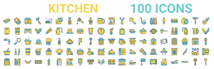 colorful set of kitchen line icons. colored glyph vector icons such as cookie cutter,chopping board,coffee grinder,kitchen tap,nder,mortar,platter,stove. vector illustration