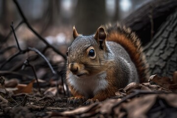 Naklejka na ściany i meble Squirrel at a tree's base. Generative AI