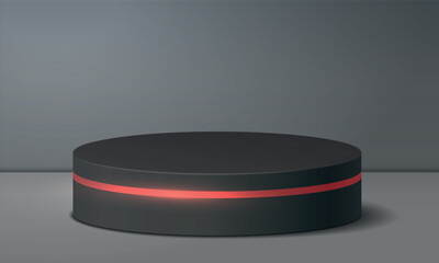 Round black stage podium with red ring and shadow isolated on gray background. Stage realistic 3d vector mock up. Podium scene for award ceremony and product presentation.