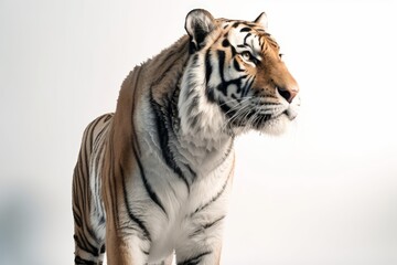 Diagonal Frontal View of Tiger Looking Sideways with White Background - Generative AI