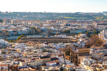 View of old quarter in Seville with the bull fighting arena or court seen in the middle