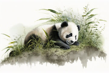 Generative AI. Cute panda, surrounded by bamboo leaves and branches.