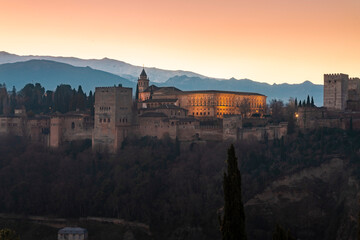 Fototapeta na wymiar View of alhambra by sunrise from Albaicin area