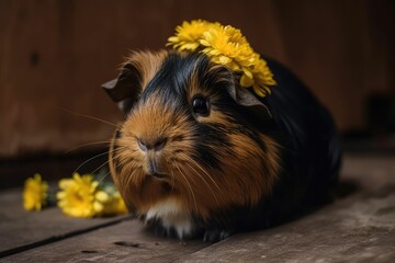 Guinea pig with a yellow flower is little and fluffy. Dandelion. Cavy. Generative AI