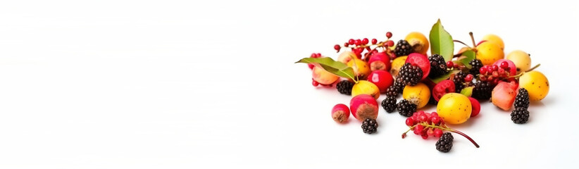 Naklejka na ściany i meble Fresh wild forest tropical exotic berries, isolate on white background. AI generated. Header banner mockup with space.