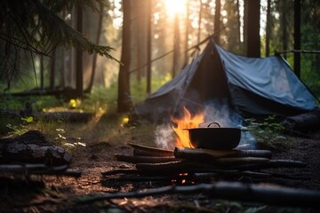 A tent in the forest in the summer by a fire with a pot from which steam comes from food. AI generated.