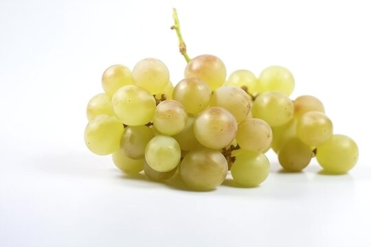Vine of fresh green Muscat grapes, isolate on white background. Sprig of organic natural food. AI generated.