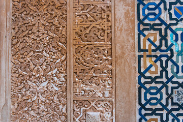 Moorish ornaments and Caligraphy at the Nasrid moorish palace at alhambra in Granada