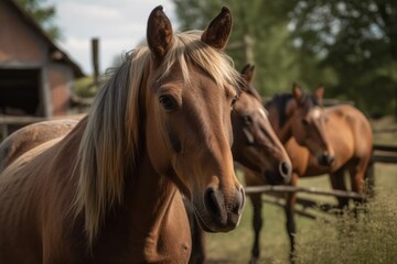 Naklejka premium Grazing horses close to the stable. Generative AI