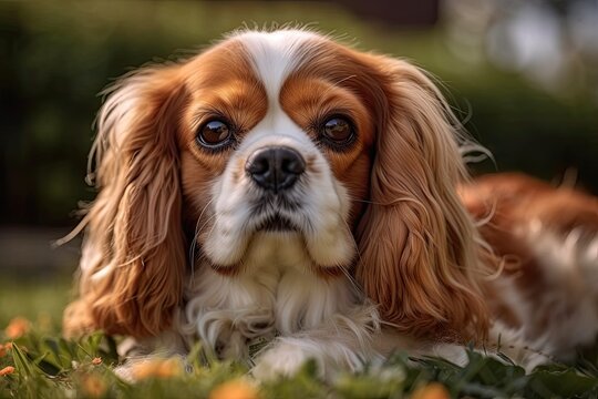 jovial cavalier On a sunny, pleasant day, a King Charles spaniel is lying on the grass in a park. Generative AI