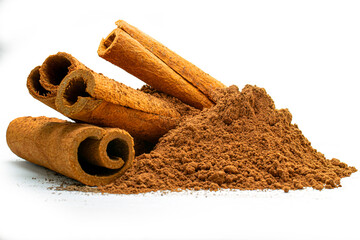 Cinnamon sticks and powder close-up view, macro photography, isolated on white background high quality details