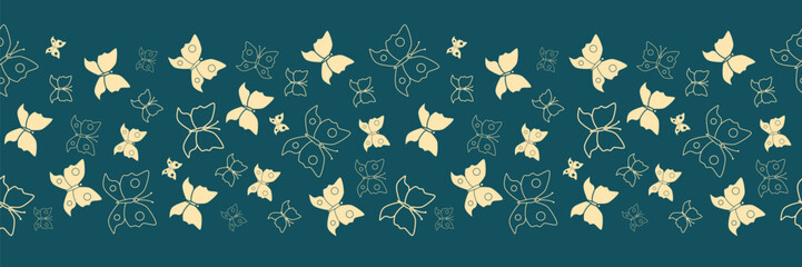 Fototapeta premium Butterfly seamless border with dark turquoise background. Beautiful border for greeting card, gift ribbon, fabric, cover, interior design or other using. Vector illustration. 