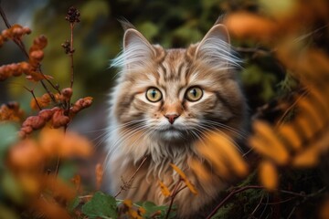 Fototapeta premium Scottish straight kitten cat, loose fluffy, animal munchkin. Generative AI