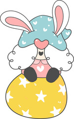 cute adorable happy smile gnome on Easter egg, spring easter with rabbit ears, cartoon hand drawing doodle